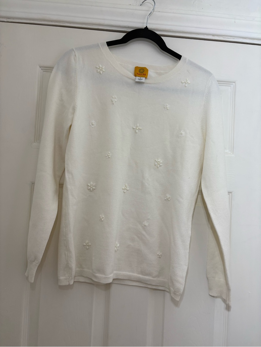 Ruby Rd. Cream Crewneck Sweater with Daisy Embroidered Accents
